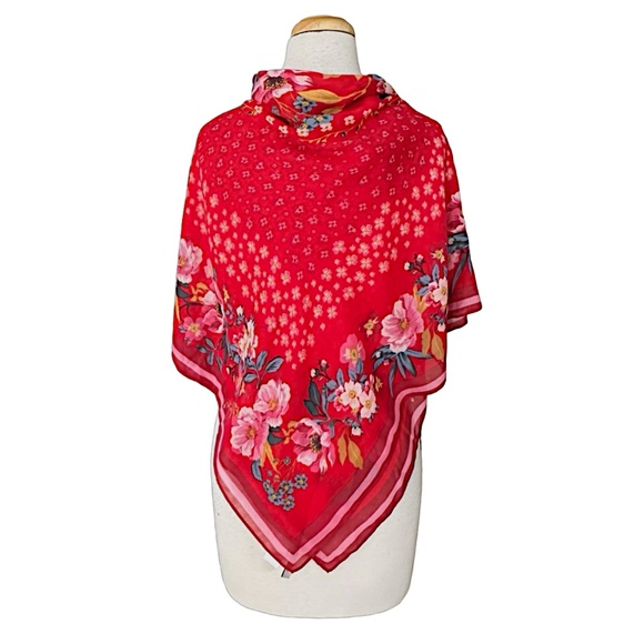 LOFT Red Floral Scarf 48”x48” Square Lightweight - Picture 3 of 5